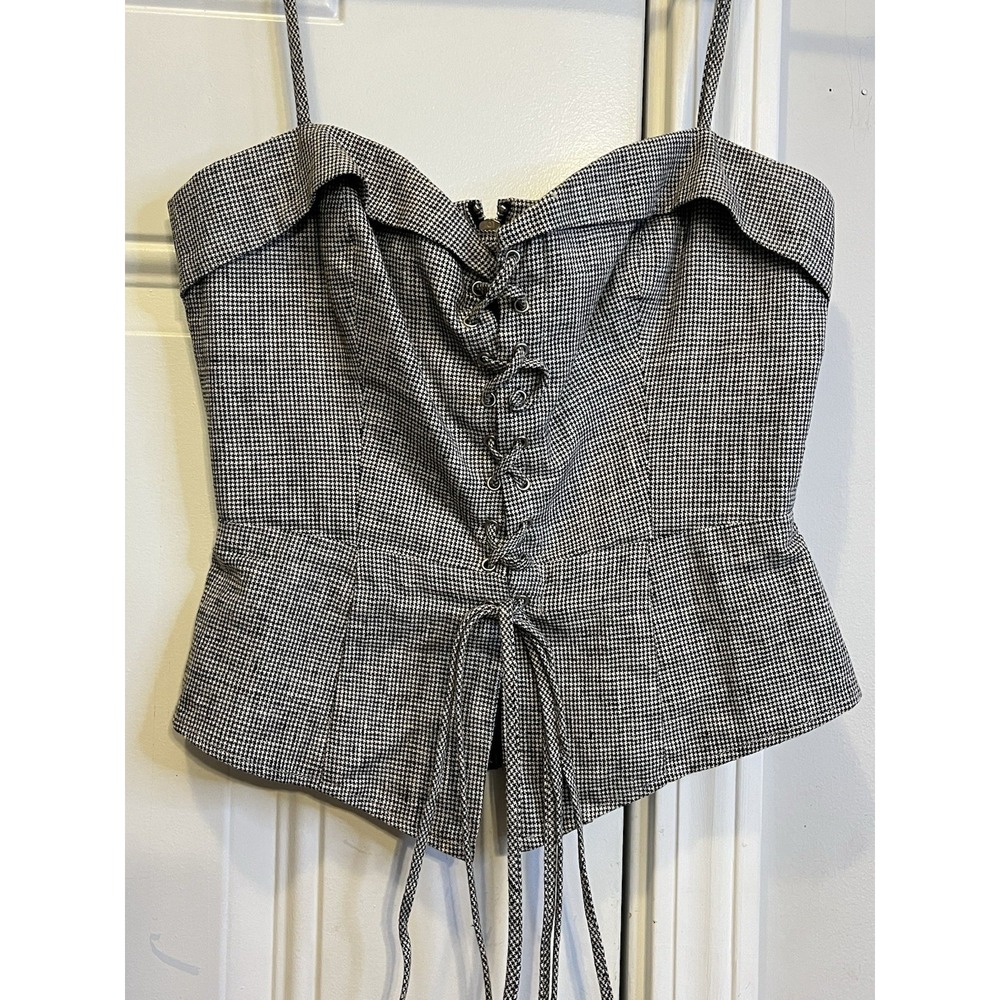 Reformation Clayten Top Size 0 Houndstooth Lace Up Corset Bustier Peplum Zip Up